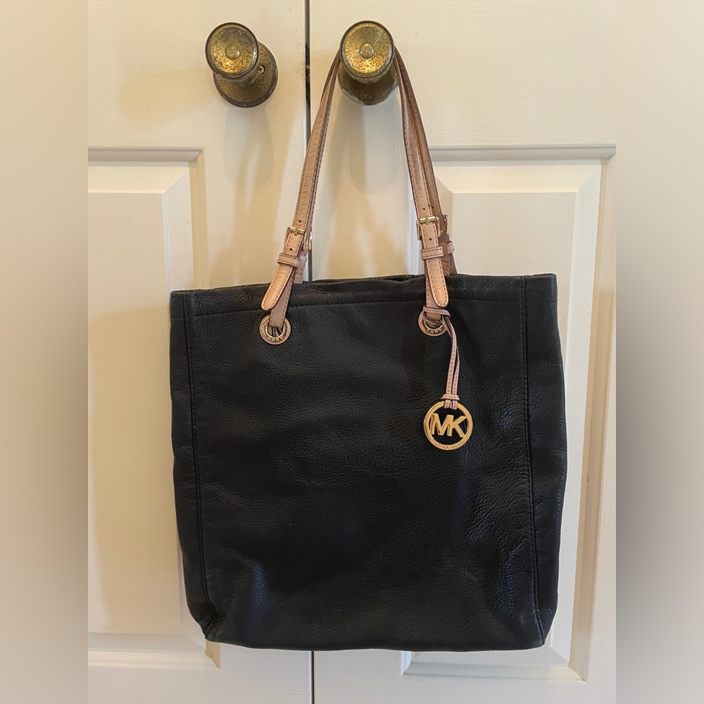 michael kors Tote Bag - Black With Tan Straps 14x14x3.5